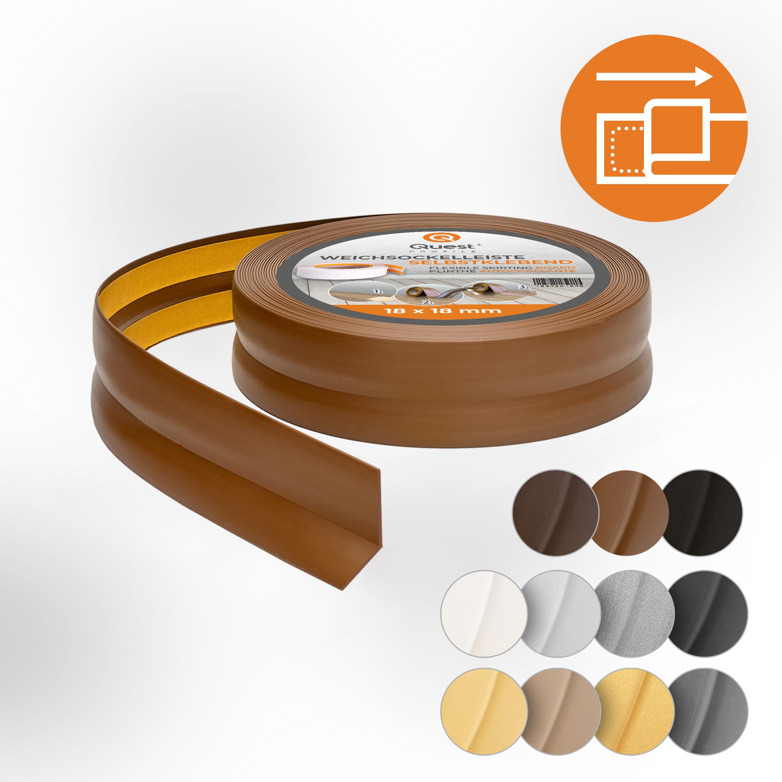 Quest Rodapié Flexible PVC 18x18 mm Autoadhesivo - Marrón, 25 m