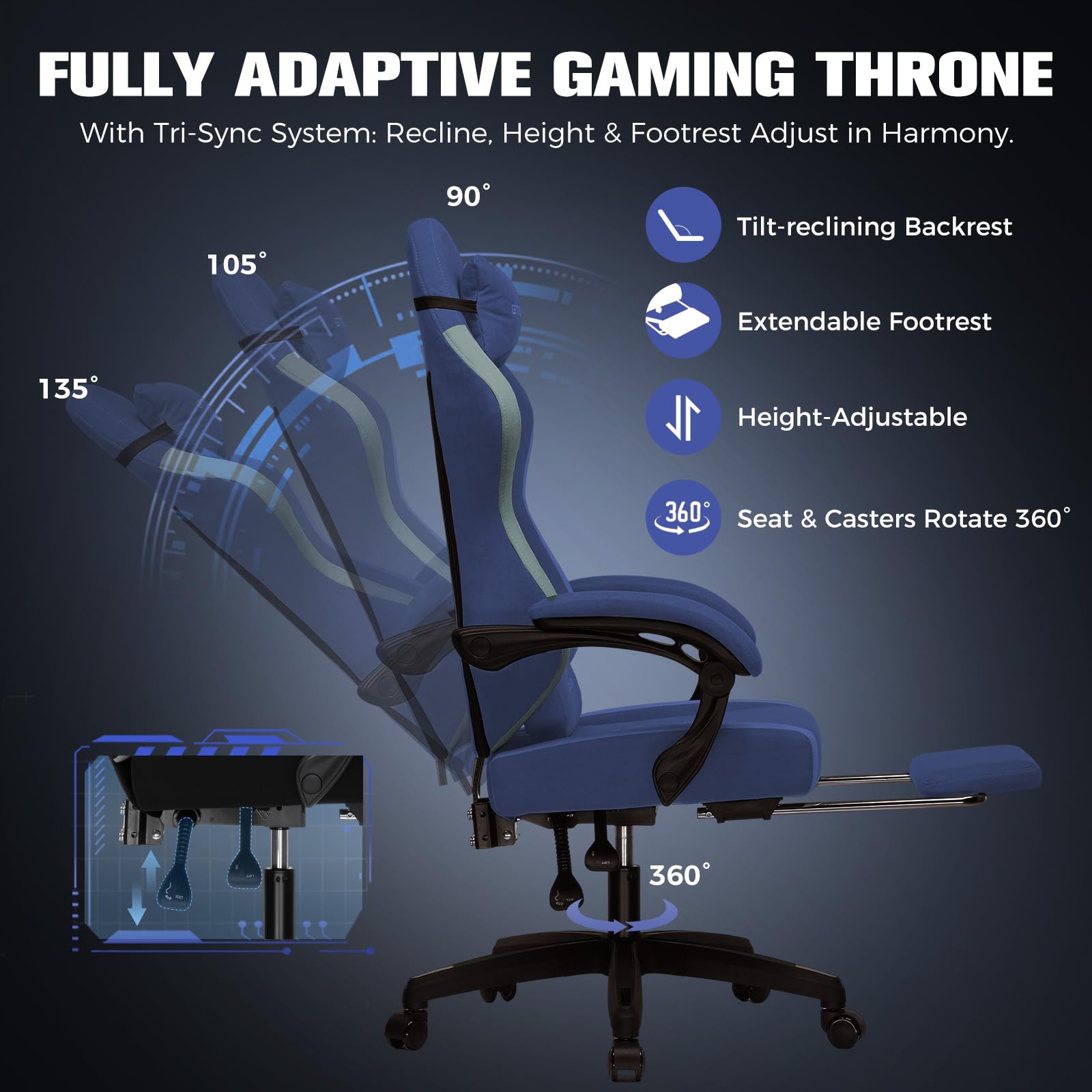GTPLAYER Sedia da gaming ergonomica, sedia da ufficio in tessuto traspirante, larga e alta, girevole, con poggiapiedi, supporto lombare regolabile e poggiatesta, Blu scuro