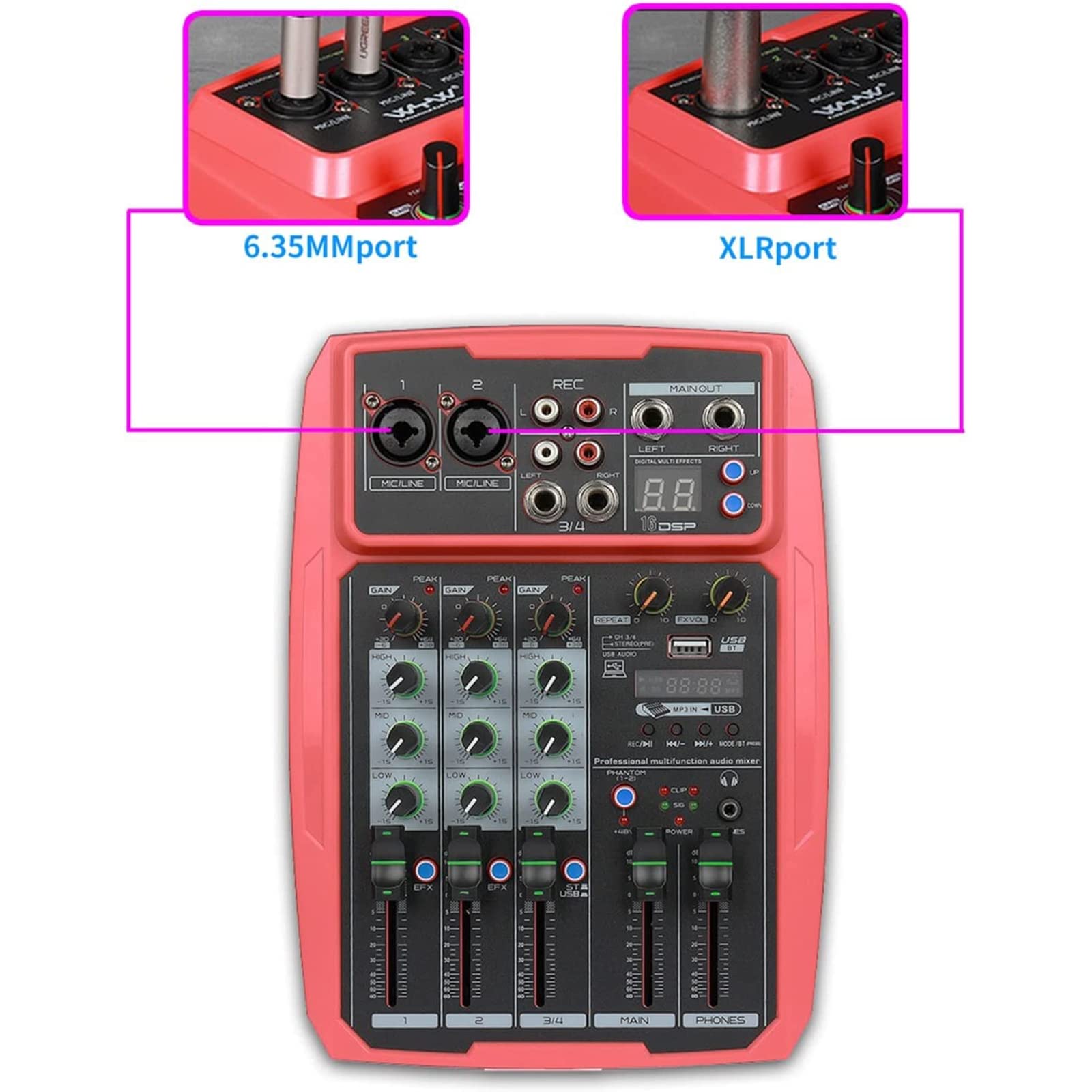 Mezclador de audio profesional, procesador con reverberación USB Bluetooth, fuente alimentación integrada 48 V, reproducción múltiples formatos