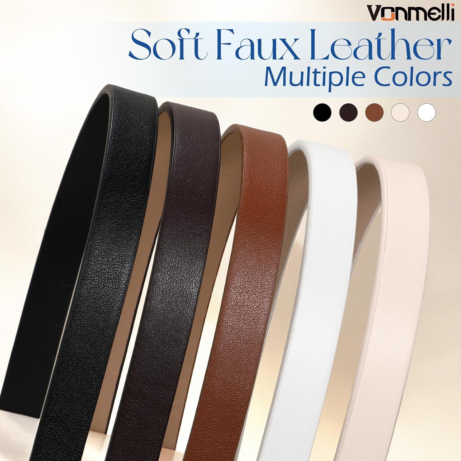 VONMELLI 5 Packs Womens Skinny Leather Belt Thin No Hole Waist Belt for Women Fashion Jeans Dress Pants 0.55" Width