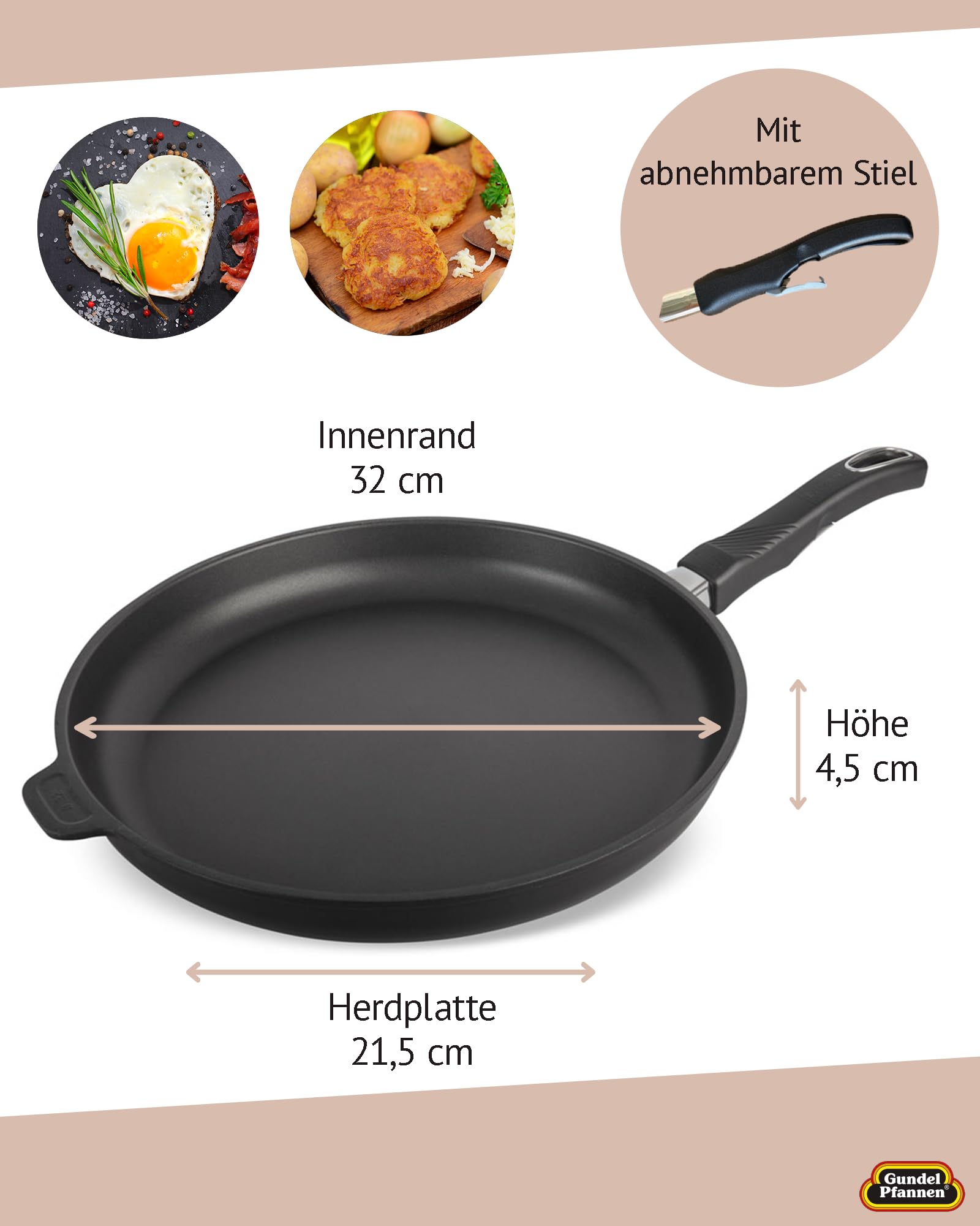 Set Original Gundel GUSS-BRATPFANNE mit Deckel, Ø 32 cm, Höhe 4 cm, BIOTAN-Oberfläche, PFOA-frei, abnehmbarer Designer-Stiel