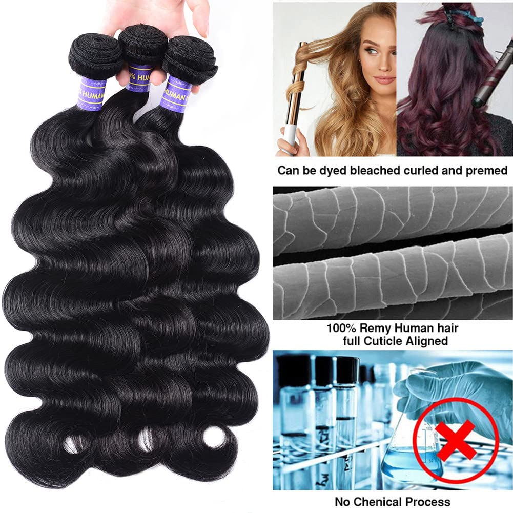 Human Hair Bundles with Closure (22 24 26+20，Free Part) Body Wave Bundles with Lace Closure Brazilian Human Hair Weave Virgin Hair Weft 150% Density Natural Color for Black Women