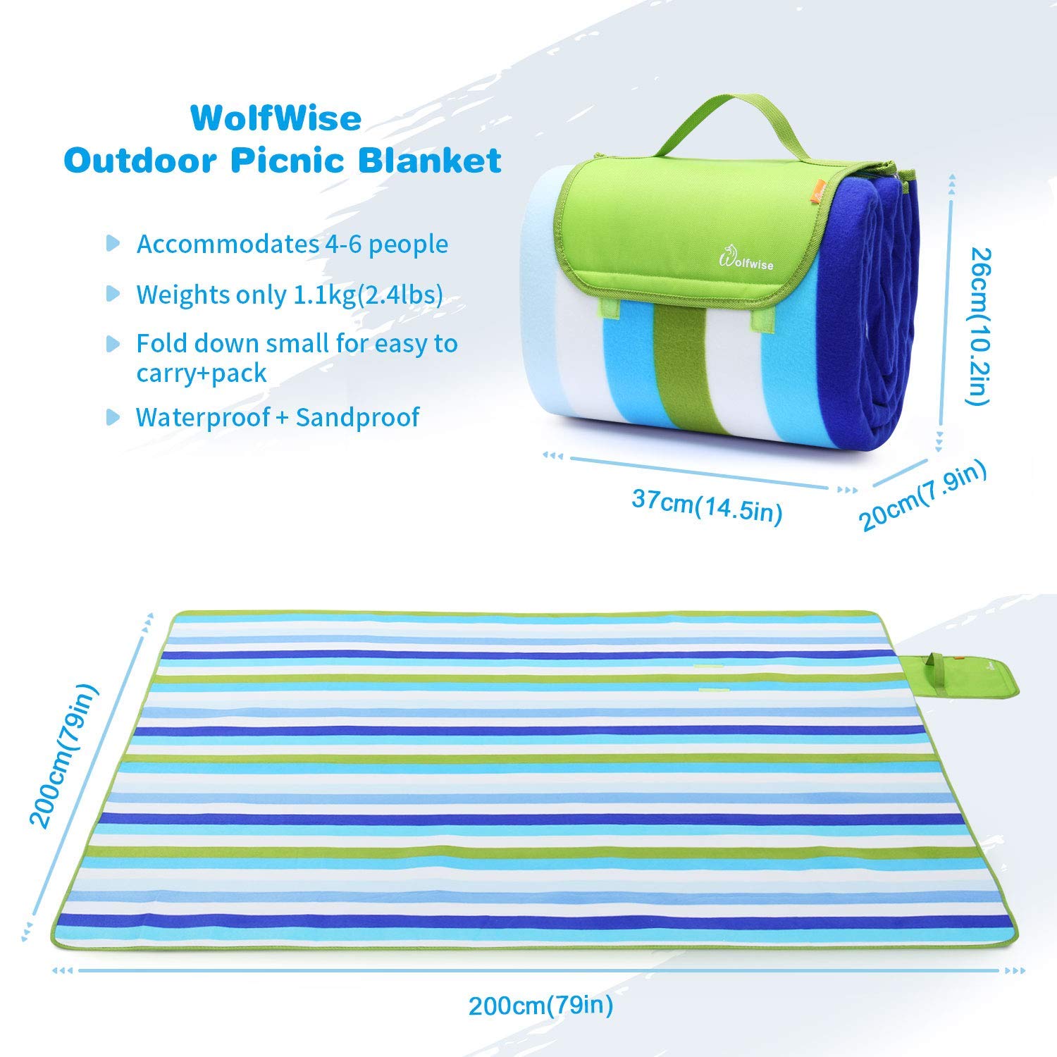 Wolfwise Picnic Blanket Extra Large Fleece Beach Mat with Waterproof Backing Anti Sand,200x200cm XXL,Green Stripes