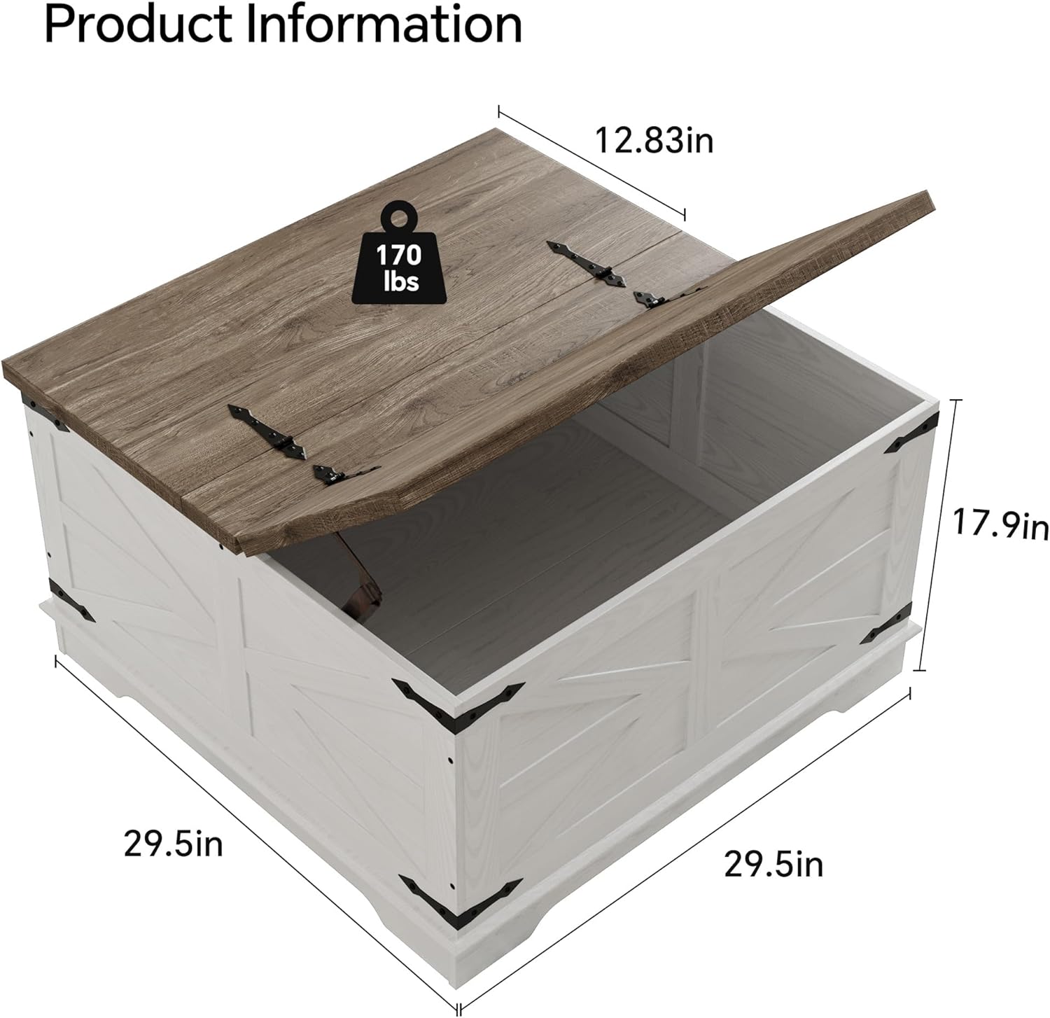 senlin Farmhouse Coffee Table, Heavy-Duty Coffee Table with Storage, Square Wood Center Table Set for Living Room with Pull Up Large Hidden Storage Compartment, Maple White