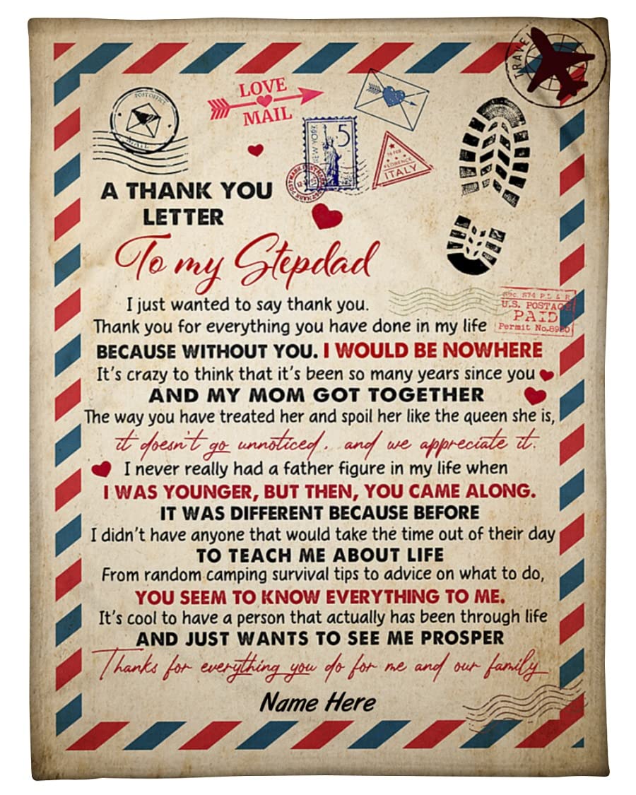 Personalized to My Stepdad Blanket from Bonus Daughter Son Letter Footprint Thanks for Everything You Do for Me and Our Family Custom Name Step Dad Gifts Fleece Sherpa Blanket On Christmas