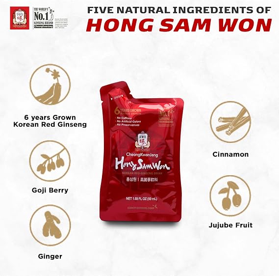 CheongKwanJang Korean Red Ginseng Drink with Ginger Extract, Goji Berry, Cinnamon, Asian Herbal Tea Pre Workout Energy Booster Drinks Hong Sam Won Increase Productivity, Circulation - 60 Pouches