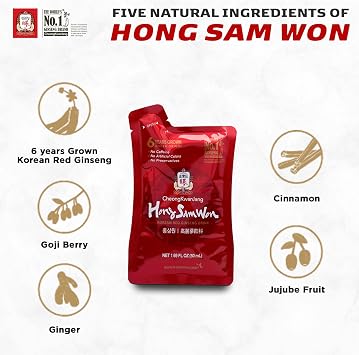 CheongKwanJang Korean Red Ginseng Drink with Ginger Extract, Goji Berry, Cinnamon, Asian Herbal Tea Pre Workout Energy Booster Drinks Hong Sam Won Increase Productivity, Circulation - 60 Pouches