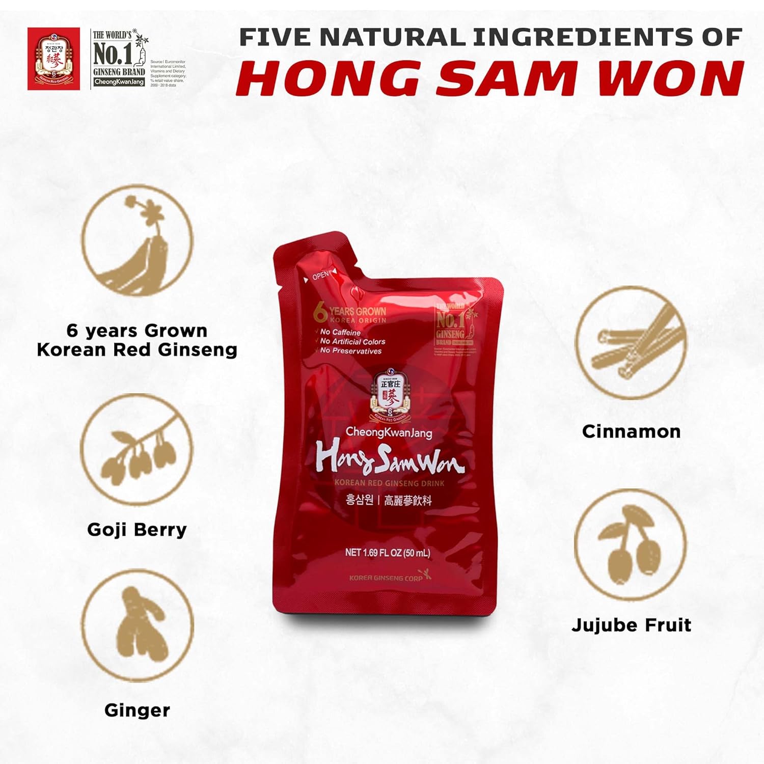 CheongKwanJang Korean Red Ginseng Drink with Ginger Extract, Goji Berry, Cinnamon, Asian Herbal Tea Pre Workout Energy Booster Drinks Hong Sam Won Increase Productivity, Circulation - 60 Pouches