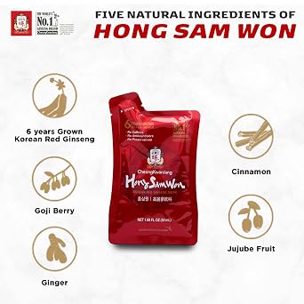 CheongKwanJang Korean Red Ginseng Drink with Ginger Extract, Goji Berry, Cinnamon, Asian Herbal Tea Pre Workout Energy Booster Drinks Hong Sam Won Increase Productivity, Circulation - 60 Pouches