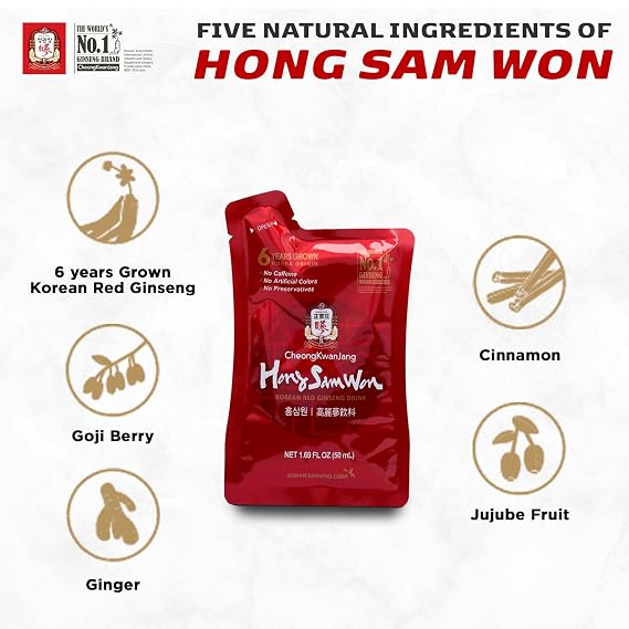 CheongKwanJang Korean Red Ginseng Drink with Ginger Extract, Goji Berry, Cinnamon, Asian Herbal Tea Pre Workout Energy Booster Drinks Hong Sam Won Increase Productivity, Circulation - 60 Pouches