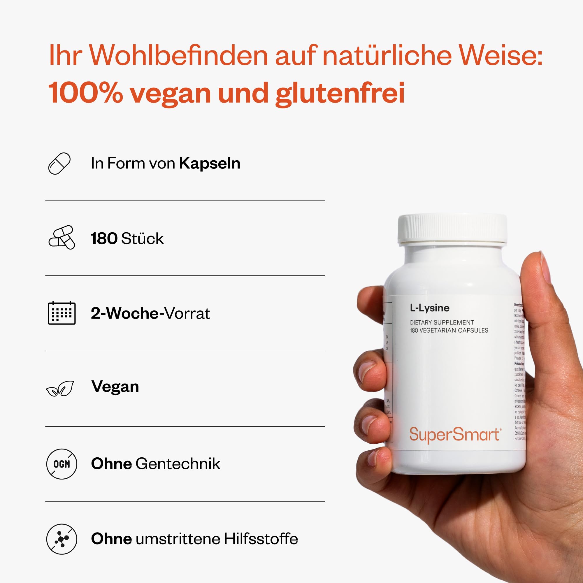 L-Lysin - Essentielle Aminosäure - Für Muskelunterstützung und Kollagenproduktion - 180 vegetarische Kapseln - Vegan - SuperSmart