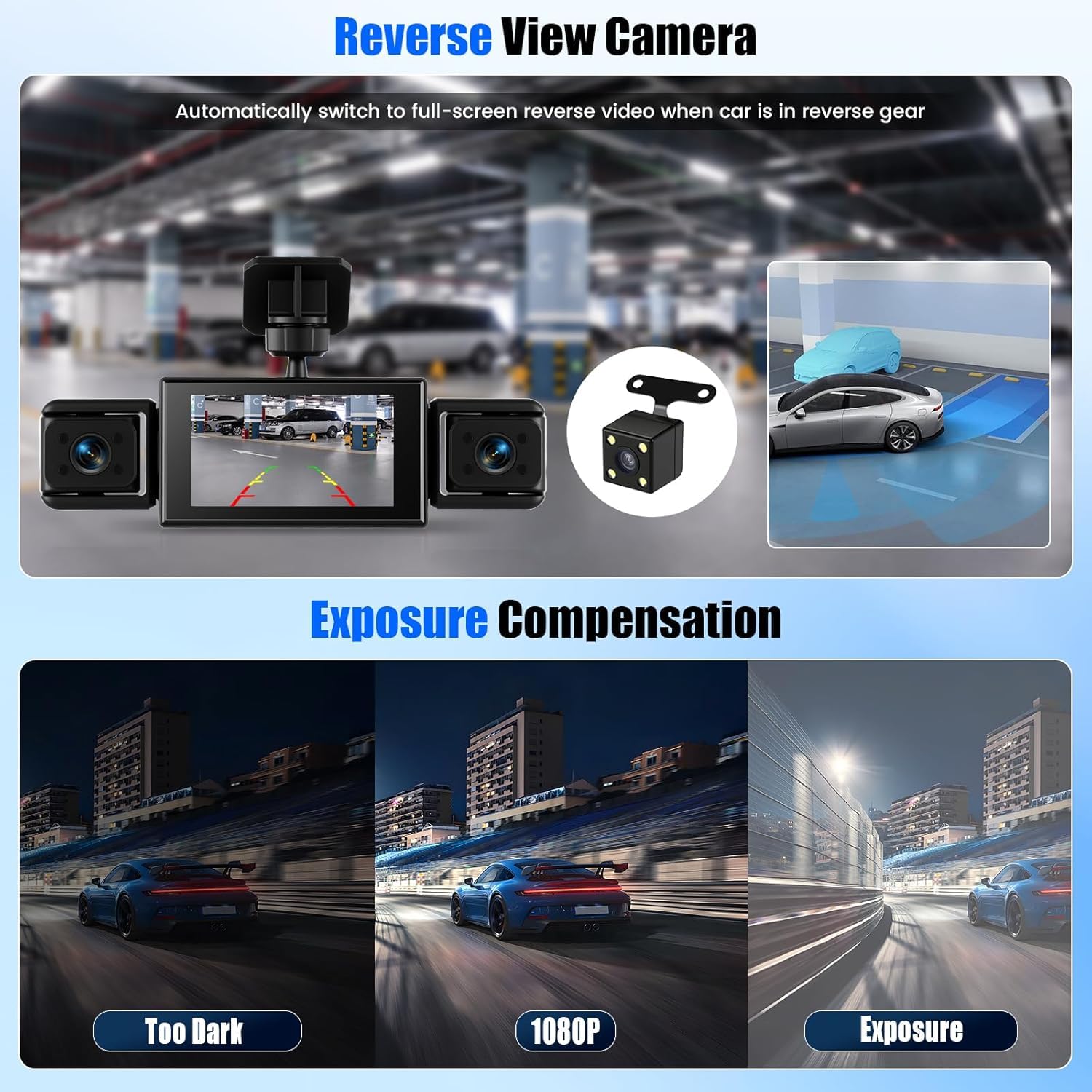 CAMECHO 4 Canali 1080P Dash Cam Auto integrata anteriore, 360° Telecamera integrata anteriore/sinistra/destra/posteriore, Display 3'' Visione Notturna Registrazione in loop Rilevamento del movimento