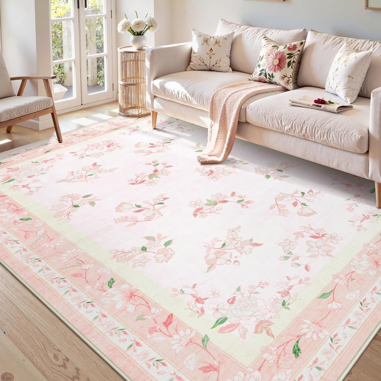 LIVEBOX 5x7 Soft Nursery Rug for Baby Girl, Light Pink Rug Non-Slip Faux Wool Rugs, Machine Washable Cute Rugs for Girls Room, Non-Shedding Floral Carpet for Bedroom Playroom