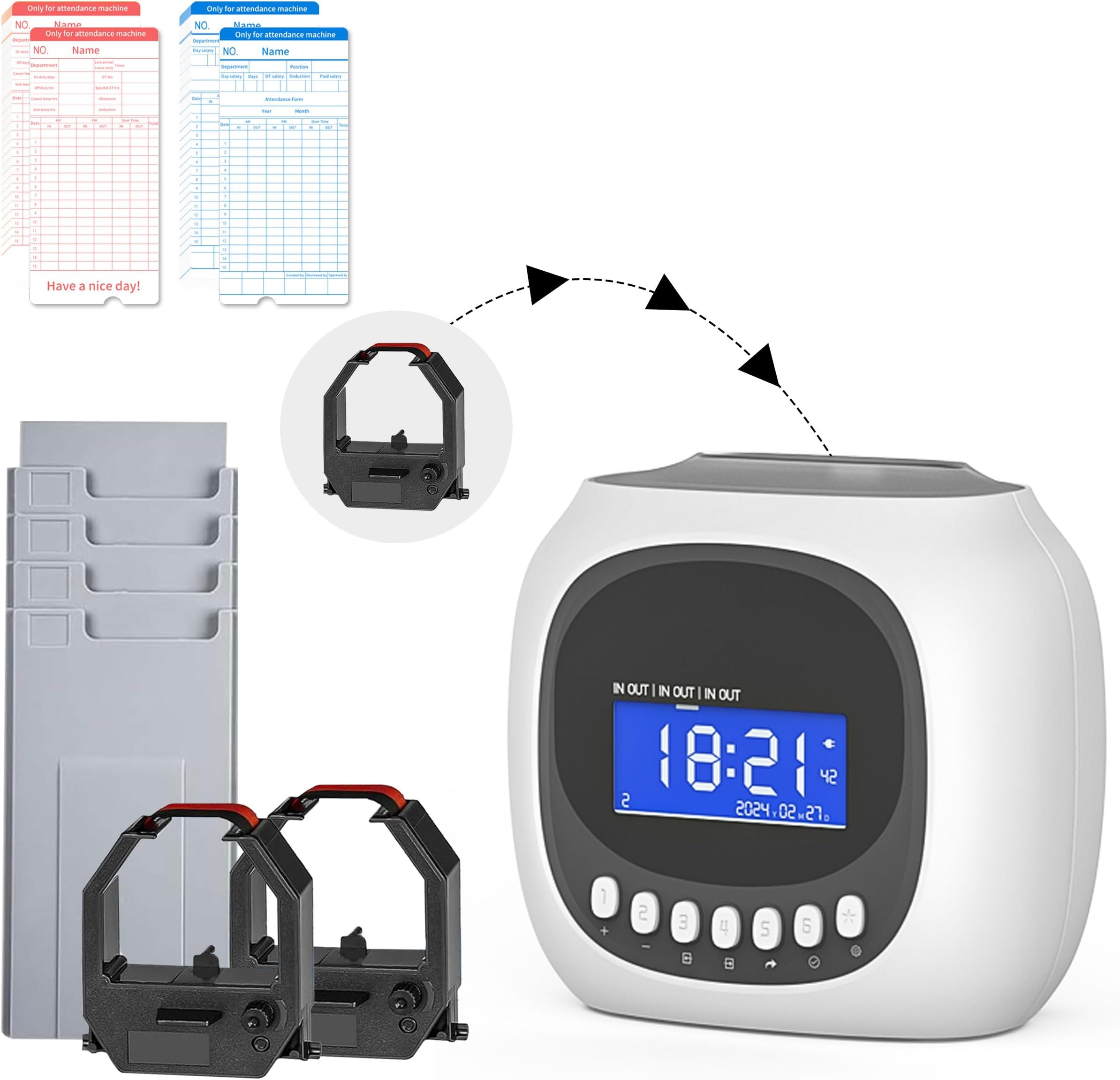 Time Clock with Passcode, Auto-Align Time Card Machine, 6 Punches per Day Time Clock Punch Machine with 100 Time Cards, 2 Ink Ribbons and 4 Racks(White, Military Time)