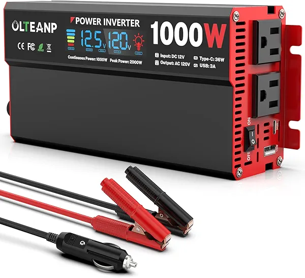 OLTEANP 1000 Watt Power Inverter 12V DC to 110V/120V AC Car Inverter with LCD Screen Display, 2 AC Outlets, 36W Type-C Port, 5V/3A USB Port, Car Power Converter for Truck, Home, Vehicles, Laptop, Trip