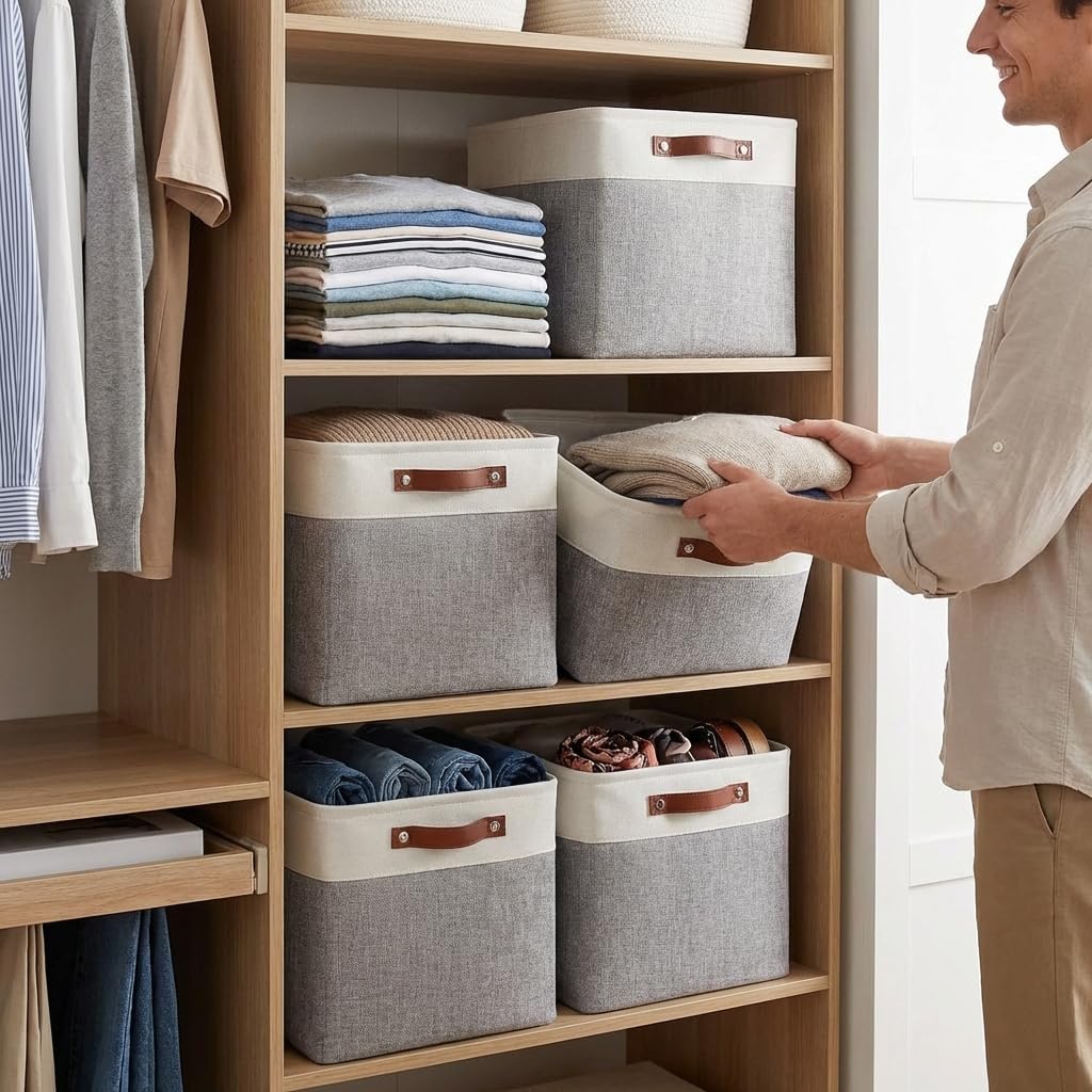 Univivi 13x13x13 Fabric Cube Bins with Hard Bottom,4 Pack Storage Baskets with PU Handles for Closet Foldable Storage Bins for Organizing,Gray