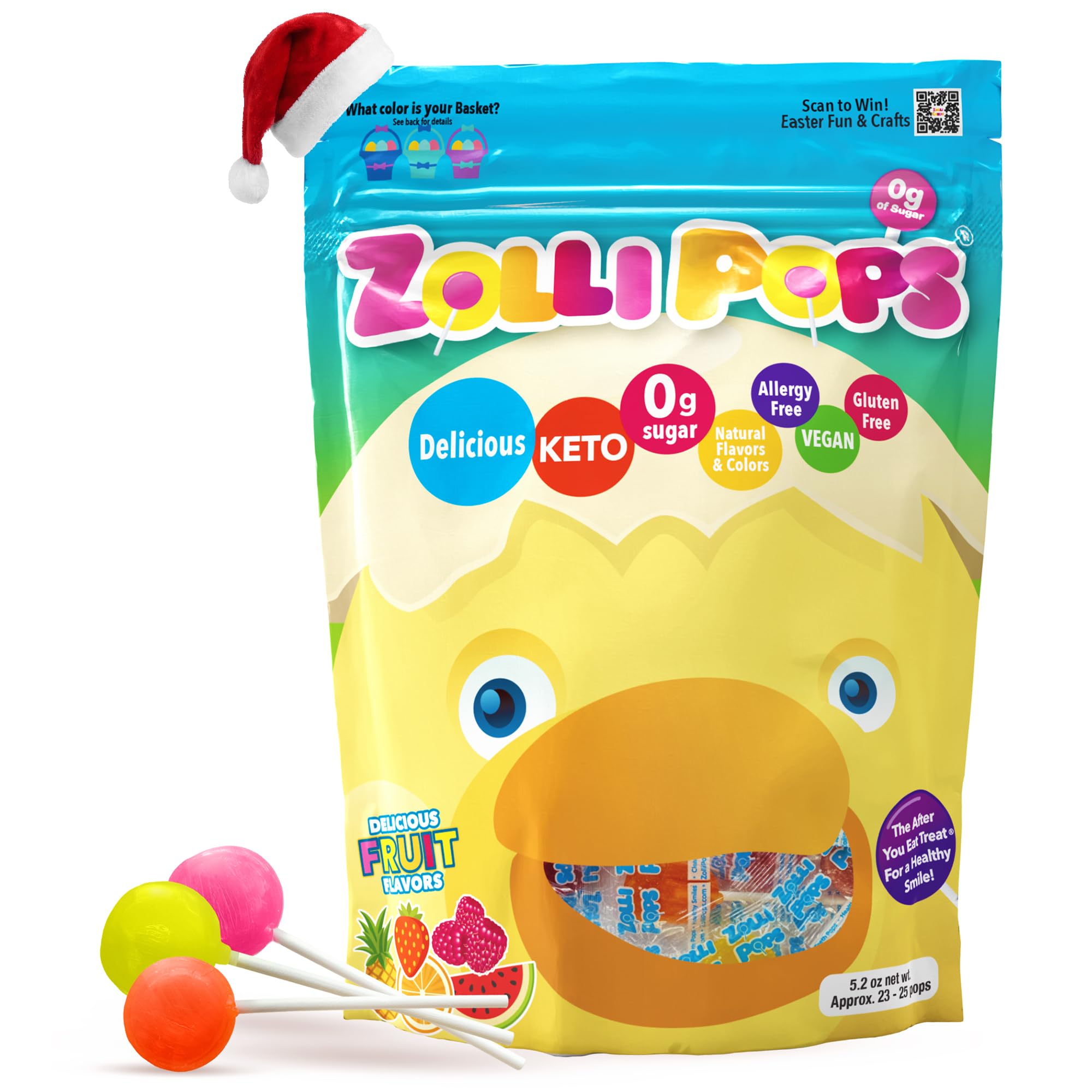 Zollipops Easter Duck Clean Teeth Pops Sugar Free Candy with Xylitol, Dye-Free Lollipops - Keto & Diabetic-Friendly, Dentist-Approved Treats for Kids (Assorted Fruit, 5.2 oz)