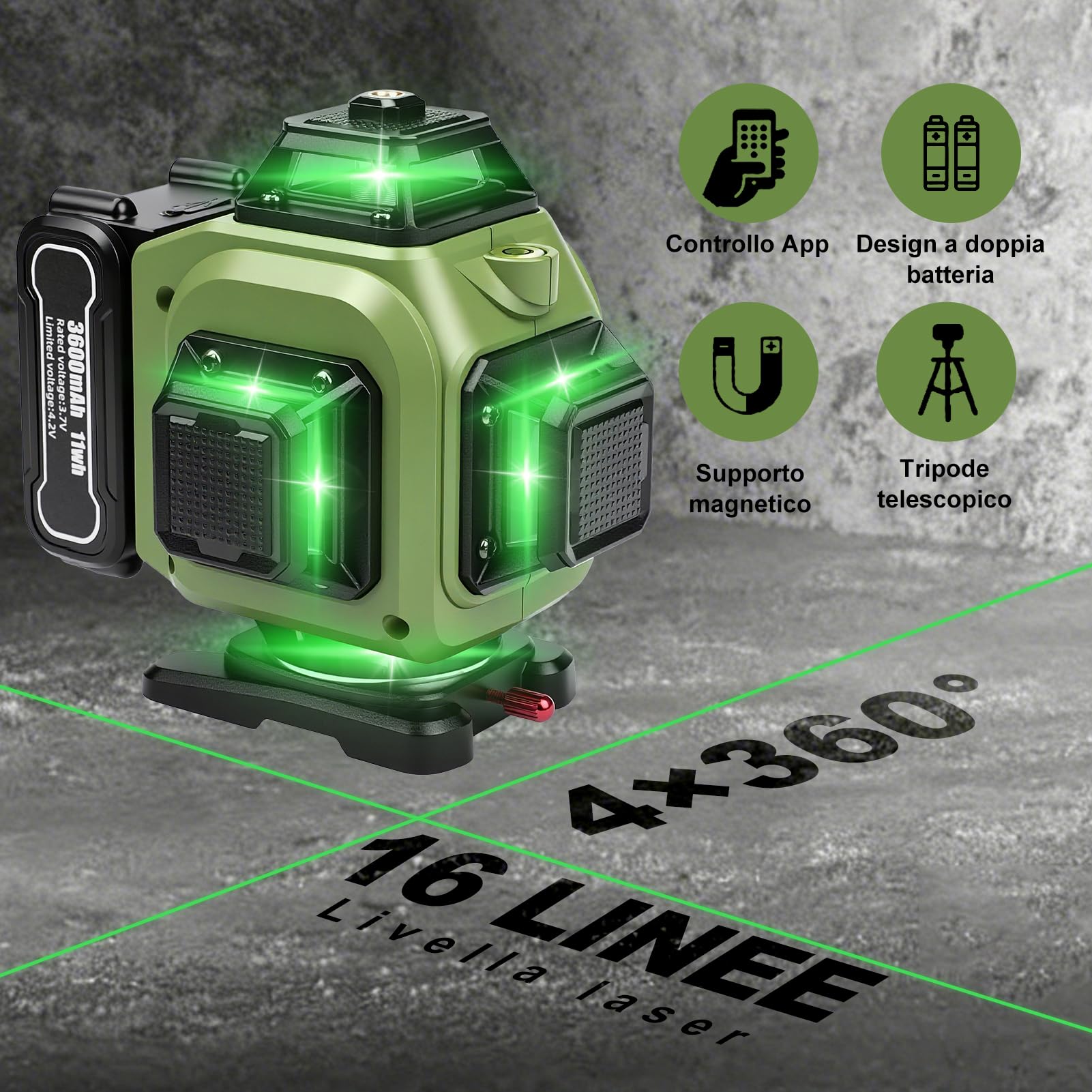 Livella laser a croce con 16 linee,portata di 30 m, autolivellante 4 x 360° con treppiede, ideale per cantieri edili interni, con batterie da 3x3600 mAh.