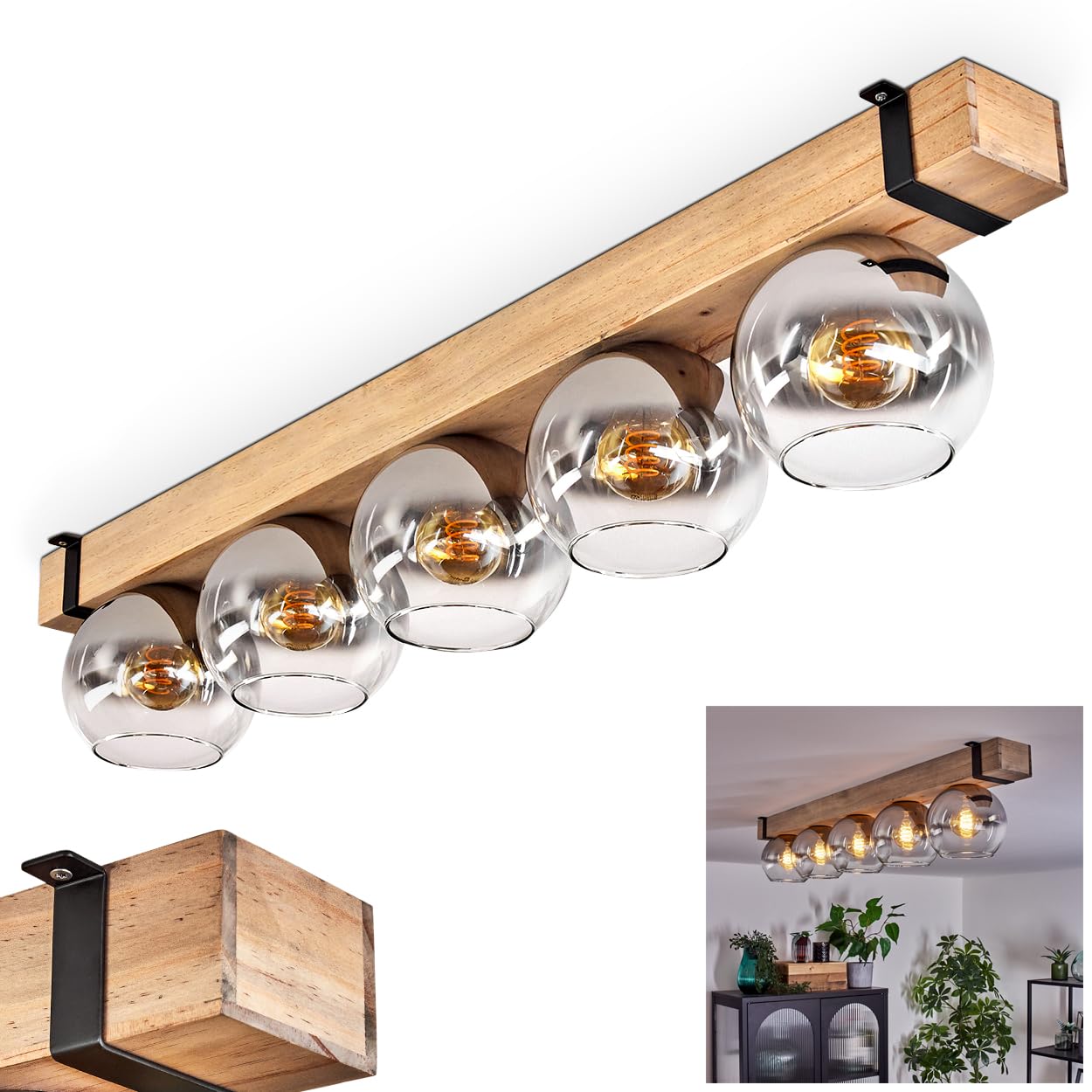 Ceiling Light Montgomery, Ceiling lamp Made of Metal/Wood/Glass in Black/Natural/Chrome-Coloured/Clear, Scandinavian Design with Wooden Beams and Glass Shades (Ø 15 cm), 5 x E27, Without Bulbs