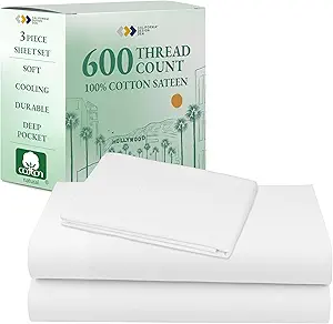 California Design Den XL Twin Sheets Set - Luxury 600 Thread Count 100% Cotton Sateen, Twin XL Sheet Set with All Around Elastic for a Snug Fit, Hotel Quality Bedding - White
