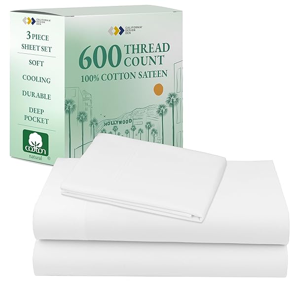California Design Den XL Twin Sheets Set - Luxury 600 Thread Count 100% Cotton Sateen, Twin XL Sheet Set with All Around Elastic for a Snug Fit, Hotel Quality Bedding - White