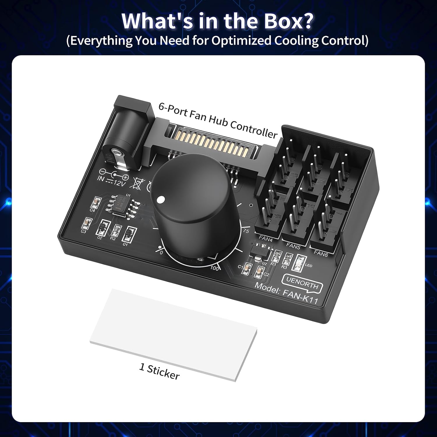 Image showing the contents of the box for the RANSANX FAN-K11, including the 6-Port Fan Hub Controller and one sticker.