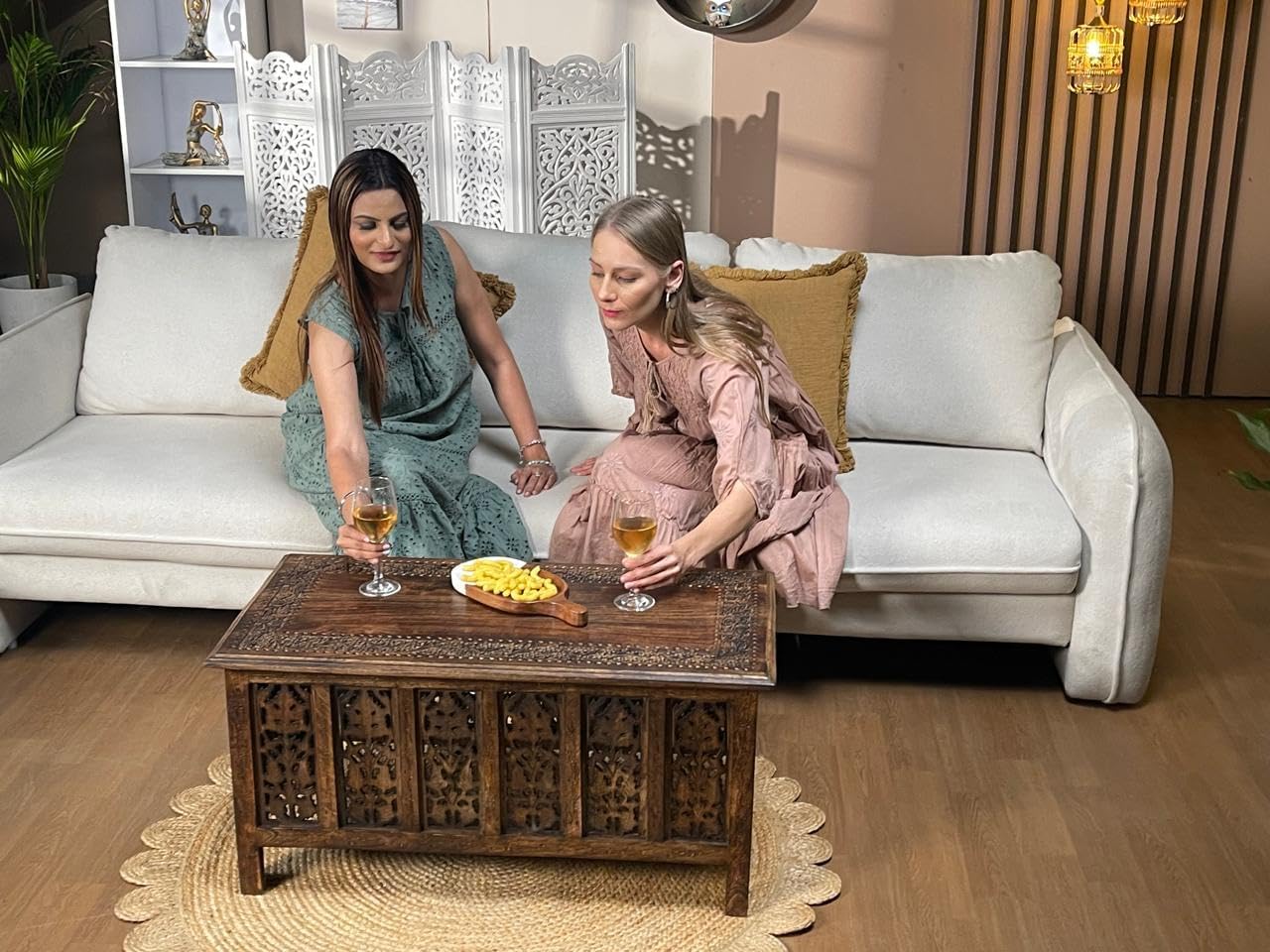 Hand-Carved Wooden Coffee Table – 36” x 18” Rectangular Mango Wood Center Table with Storage, Natural Burnt Finish, Living Room & Accent Table