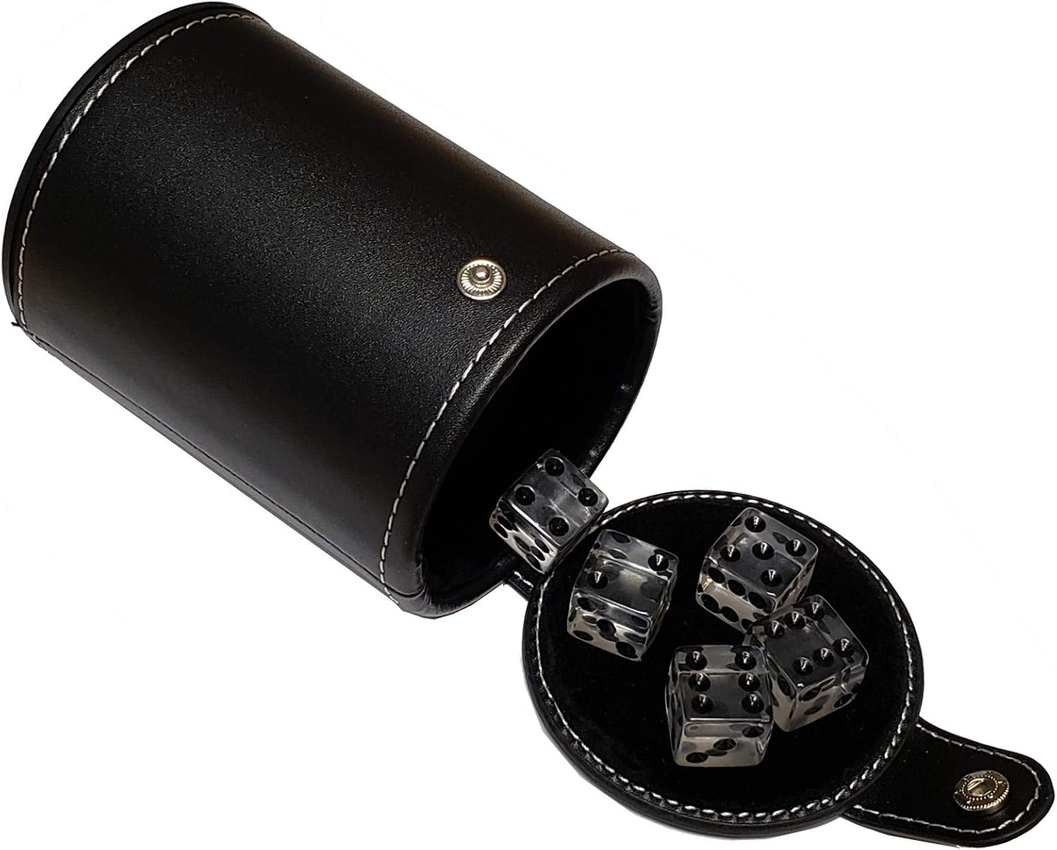 Cyber-Deals Set of 16mm Transparent Dice and Black PU Leather, Black Velvet Lined Dice Cup with Storage Compartment (Gift Boxed) (Clear)