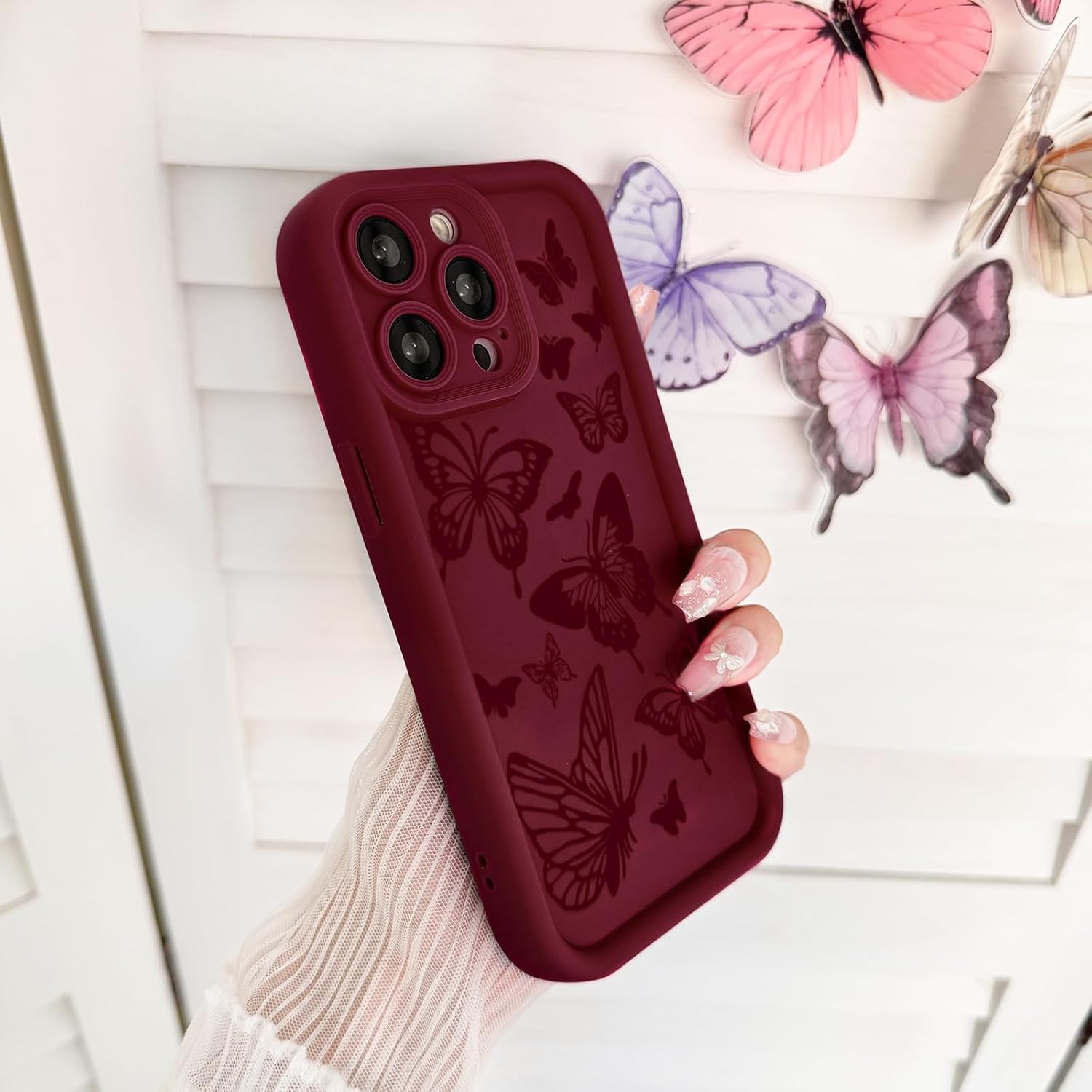 Lovmooful Compatible for iPhone 13 Pro Max Case Cute Colorful Butterfly Design for Girls Women Soft TPU More Shockproof Protective Girly for iPhone 13 Pro Max Case-Wine Red - Image 5