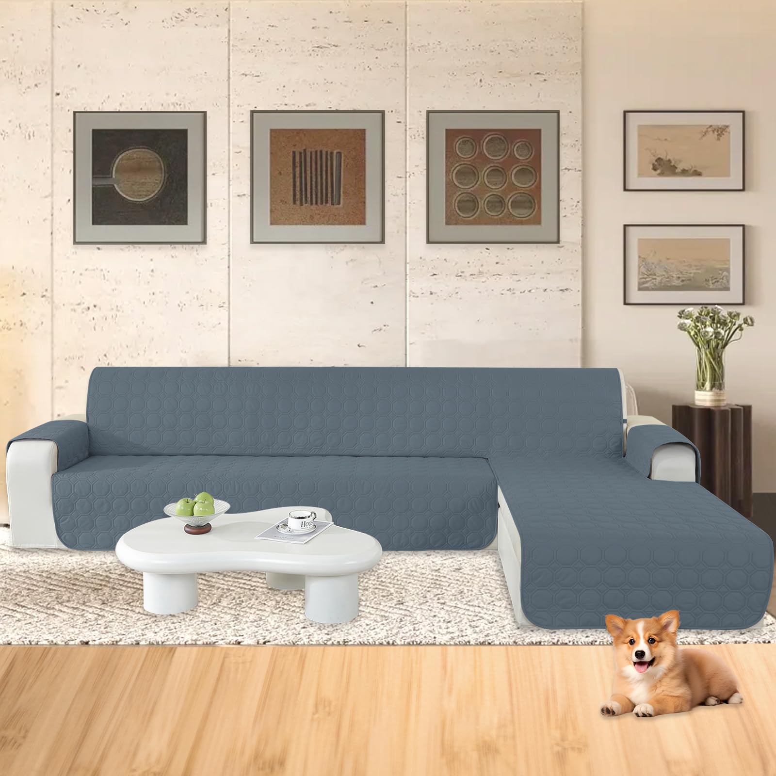 Ystyle Copridivano Impermeabile con Penisola 3 Posti (L 255 CM), Copridivano Angolare Destra/Sinistra Universale Reversibile, Copridivano Chaise longue Antigraffio Antimacchia, Blu Grigio