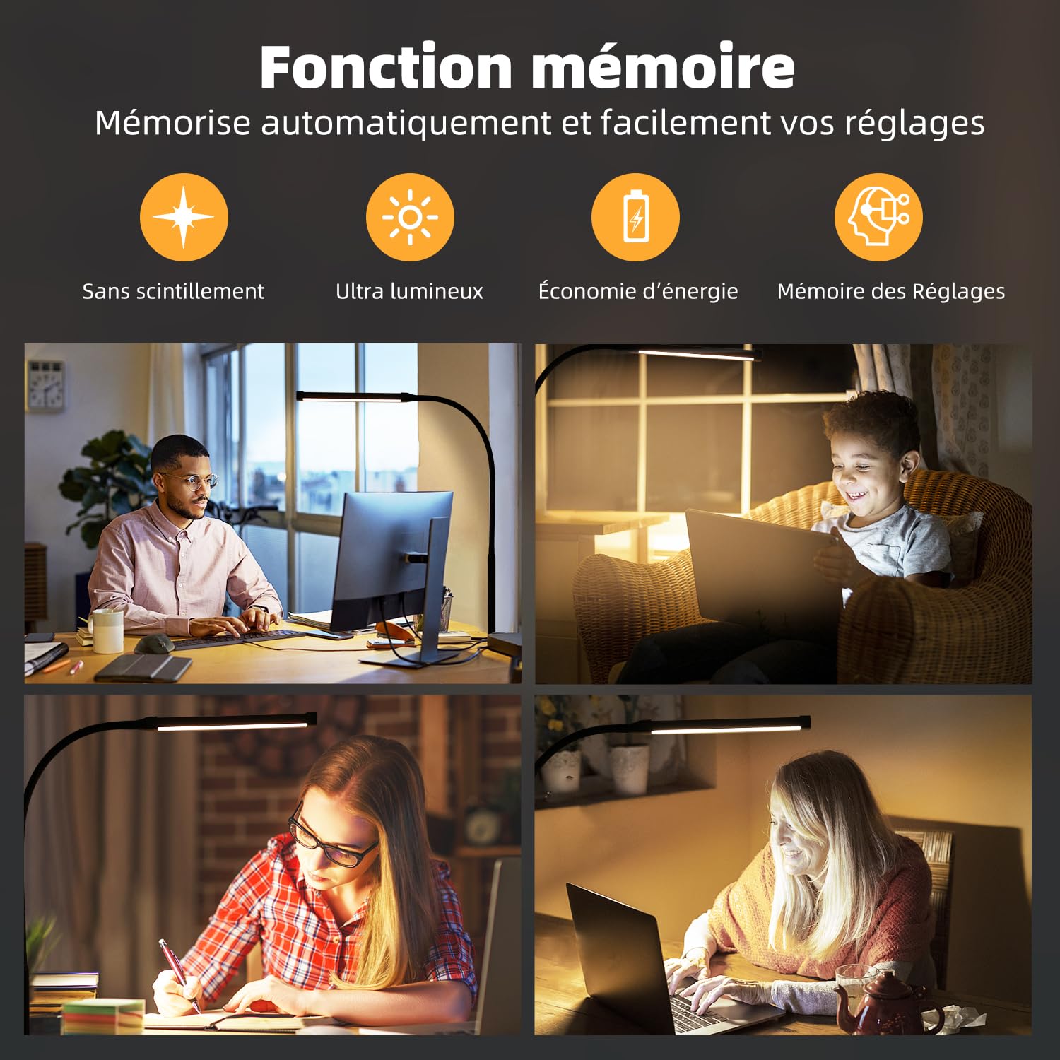 Lampe de bureau LED à pince – 3 modes de couleur et 10 niveaux de luminosité, lumière du jour, protection des yeux, lampe de lecture à col de cygne flexible – réglable à 360° – noir
