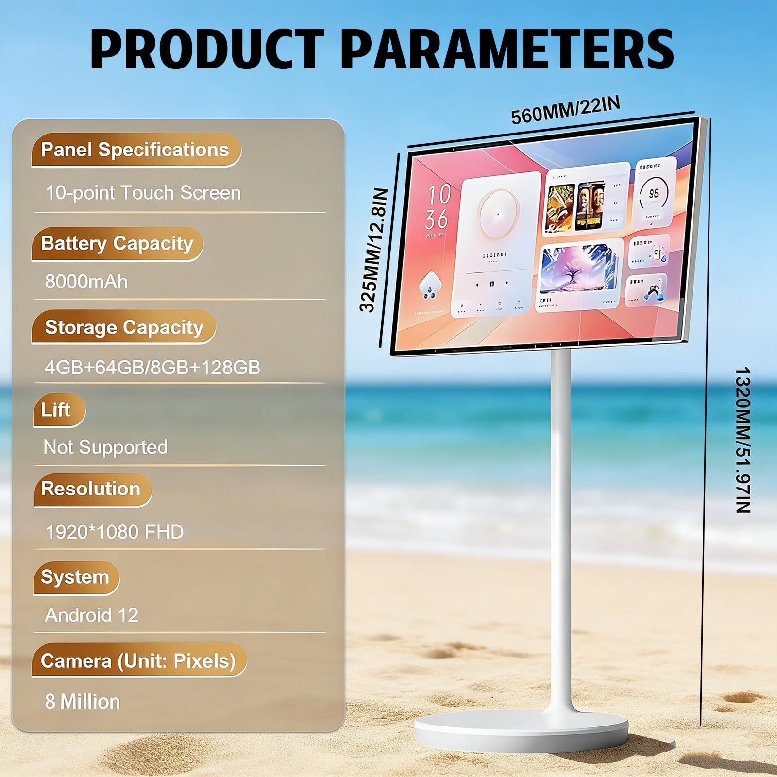 Televisor Inteligente Portátil De 24 Pulgadas con Ruedas, Pantalla Táctil Inalámbrica con Batería Integrada, Soporte Giratorio para Uso En Interiores Y Exteriores. 4+64G