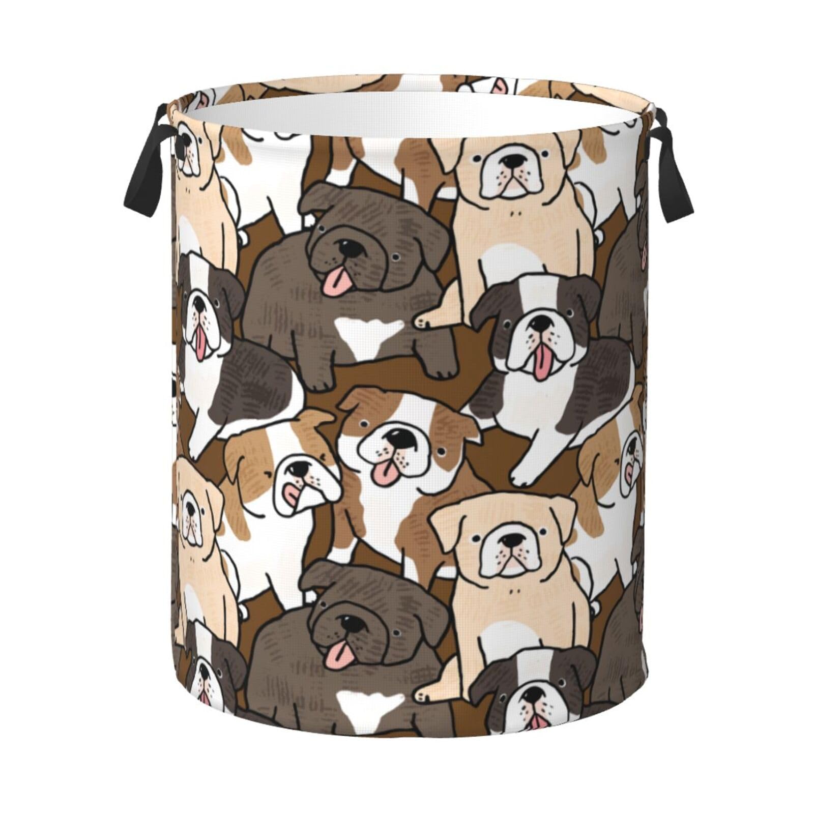 Jbofyee Cute Dogs Laundry Hamper Bag With Waterproof Liner - Cartoon Bulldog Puppy Round Laundry Basket Foldable Clothes Storage Organizer For Bathroom Bedroom Nursery Dorm, S-16.5