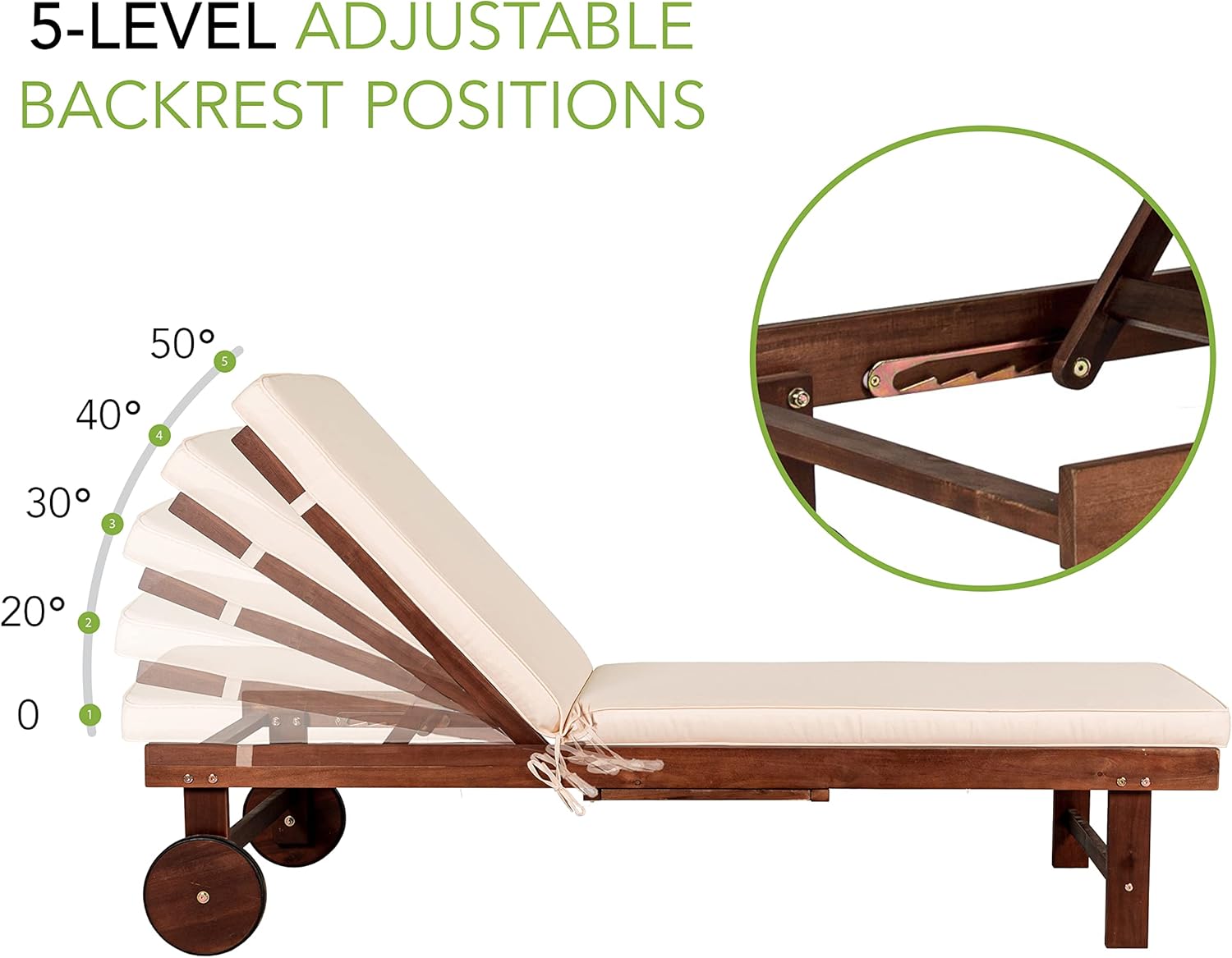JONATHAN Y PAT1003B Seabrook 69 x 24 Inch Outdoor Acacia Wood Lounger with Cushion, 5-Position Back, Slide Table & Wheels for Garden, Lawn, Backyard, Pool, Deck, Beach, Firepit, Light Brown