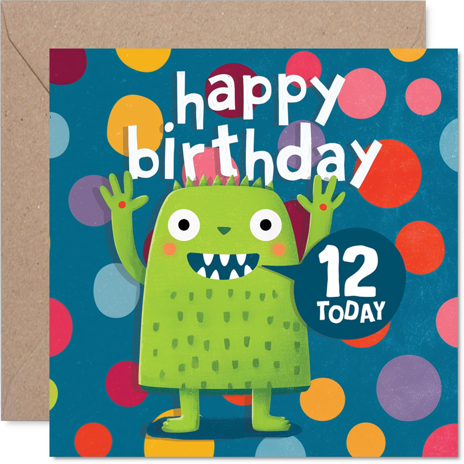 Playful 12th Birthday Card - Monstrously Fun Birthday - Bright Green Monster with Colourful Polka Dots - Guaranteed to Make Them Grin - 145mm Square, Envelope Included