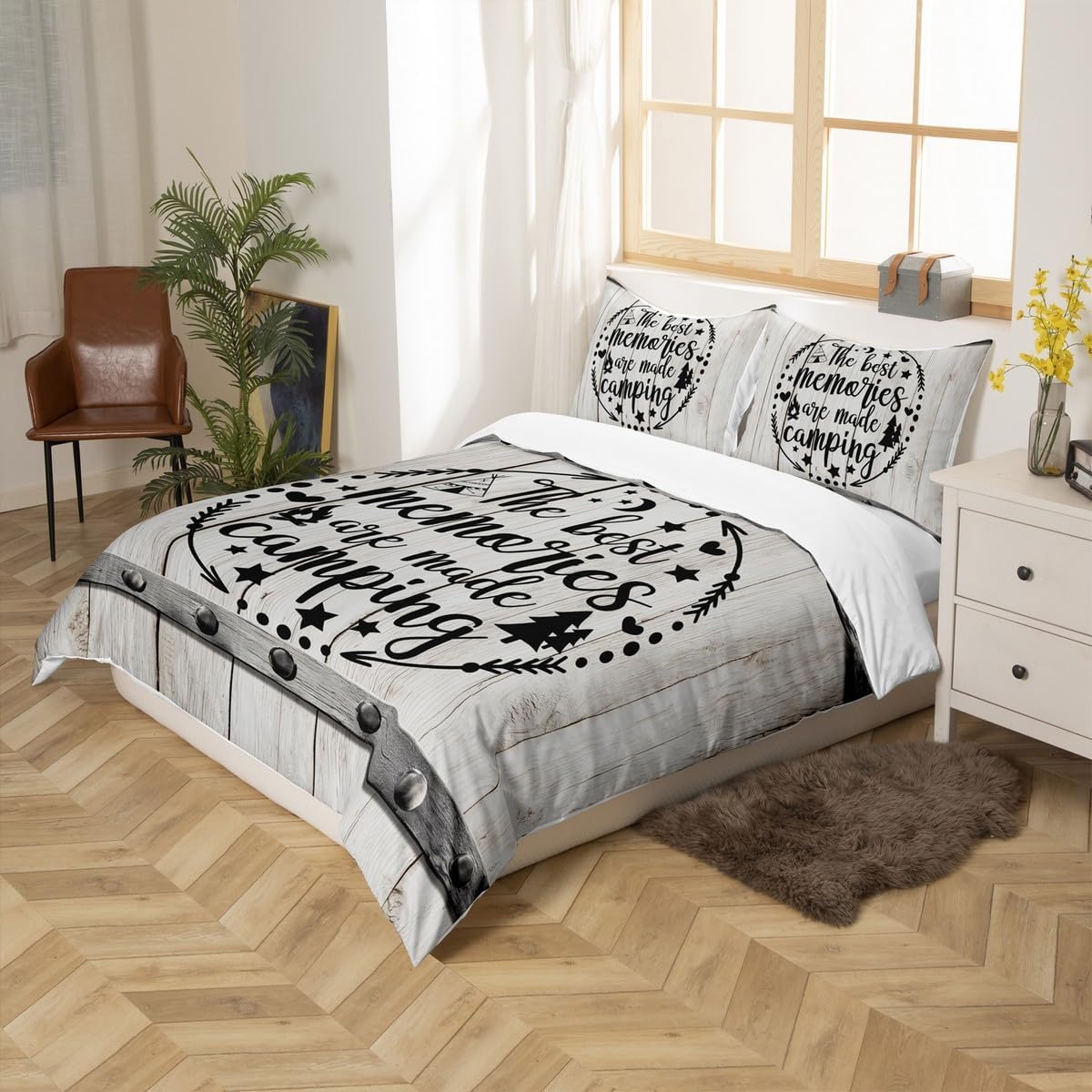 Camping Adventure Duvet Cover Set King Size,Camper RV Trailer Decor Bedding Set 3pcs for Kids Boys Girls Adults,Retro Wooden Plank Cottage Comforter Cover,Rustic Farmhouse Quilt Cover,2 Pillowcases