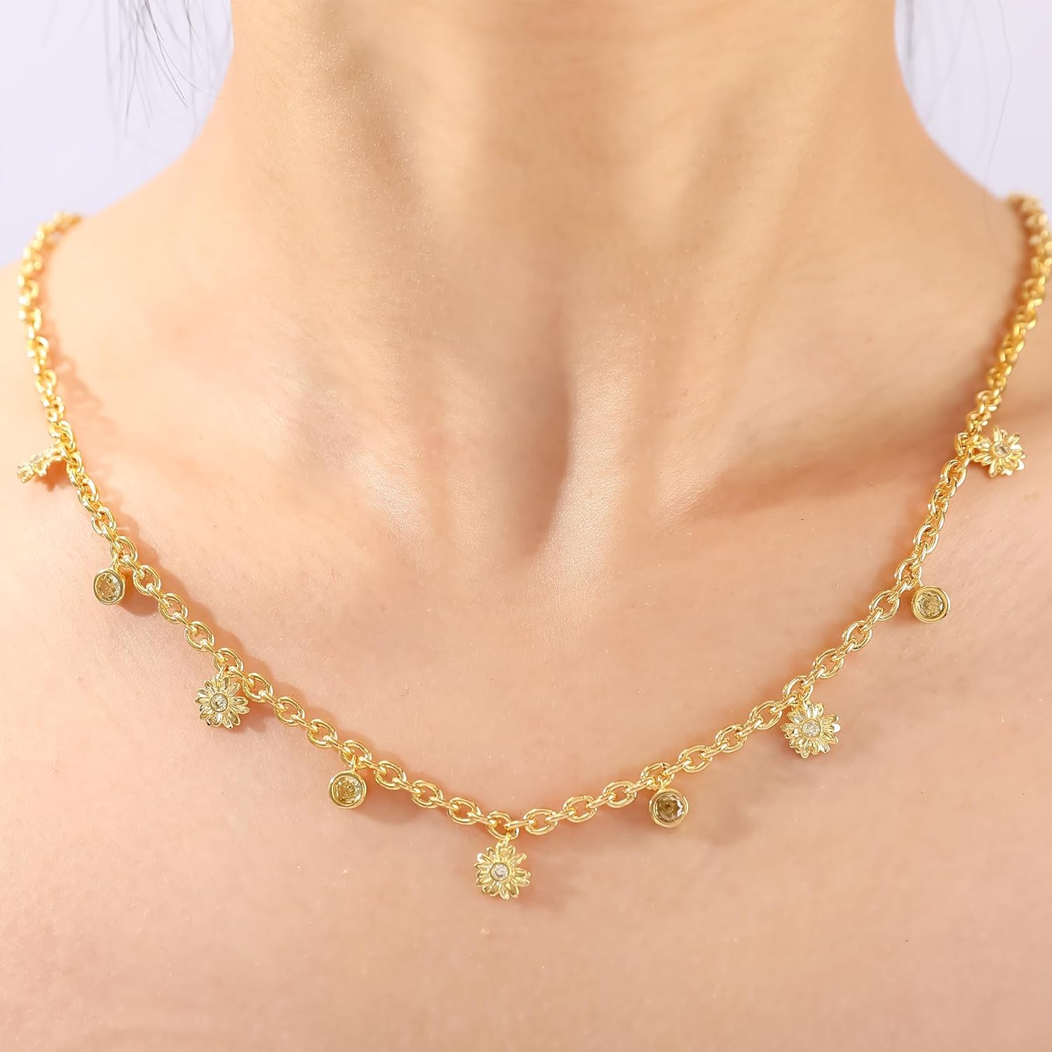 Gold Charm Necklace for Women 14K Gold Plated Dainty Round Cubic Zirconia Charm Choker Necklace Cute Star Love Heart Shell Daisy Cross Pendant Necklace Adjustable Trendy Party Jewelry Gift for Women - Image 4