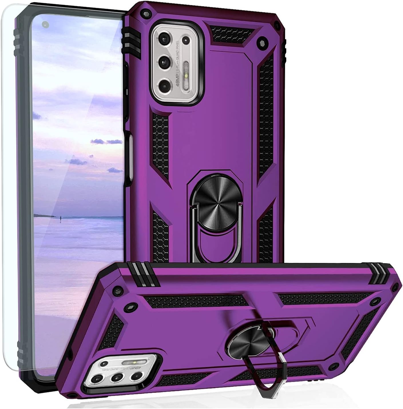 TJS Compatible with Motorola Moto G Stylus 2021 Case, with Tempered Glass Screen Protector, Defender Metal Ring Kickstand Magnetic Support Drop Protective Cover Phone Case (Purple)