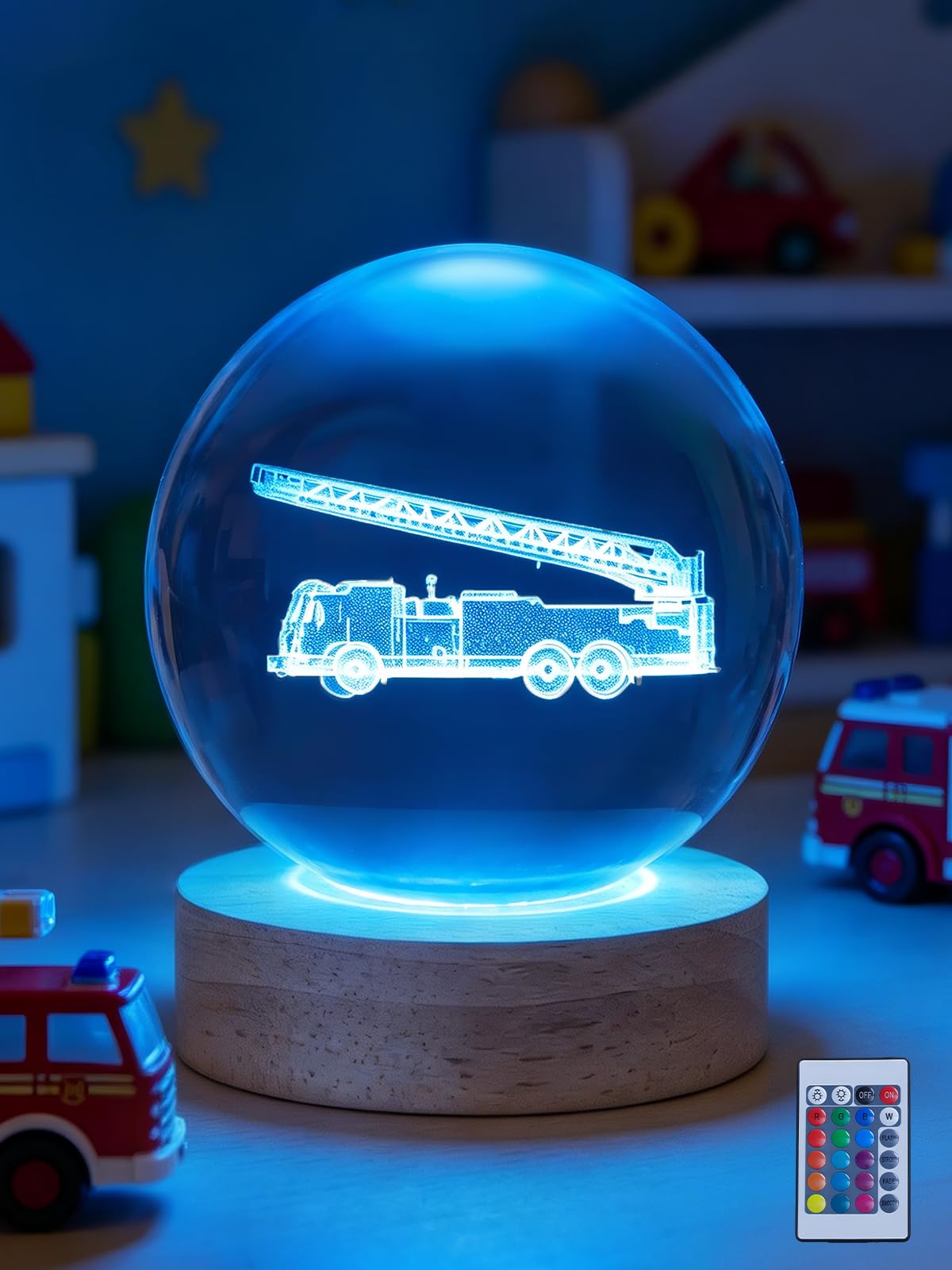 Ammonite Fire Truck Crystal Ball Night Light, 16 Colors Remote & USB