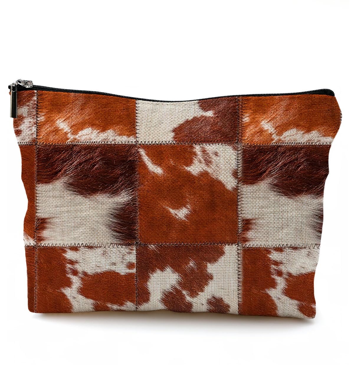 AIEVFU Retro Western Cowhide Cow Skin Fur Print Makeup Bag,Western Style Cosmetic Makeup Bag for Teen Girls Women,Cow Lover Gifts Makeup Bag