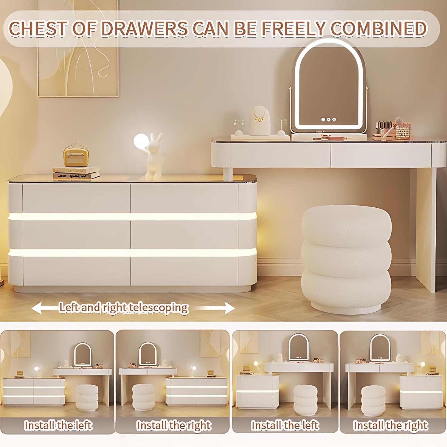 Modern Vanity Table with Drawers - Luxury Vanity Set with LED Smart Makeup Mirror & Stool | Solid Wood Bedroom Vanity Table | Fashionable Atmosphere Light Design