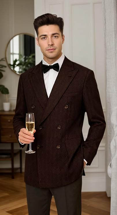 Blazer for Men Slim Fit Tweed Herringbone Sport Coat Retro Double Breasted Casual Mens Suit Jacket