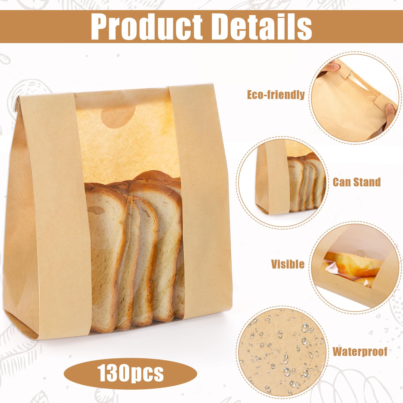 Confezione da 130 sacchetti di carta per pane fatto in casa con lievito naturale, sacchetti per pane con finestra, vengono forniti con 130 adesivi, possono essere utilizzati per confezionare toast
