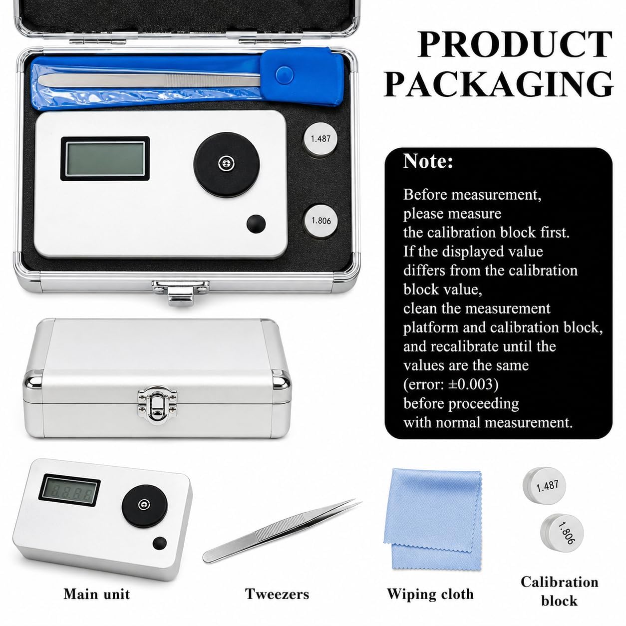 Refractómetro digital de piedras preciosas 1.300-3.000 RI con bloques de calibración | Diseño sin aceite, pantalla LCD retroiluminada, batería de 700 mAh, carga tipo C y apagado automático de 1 minuto.
