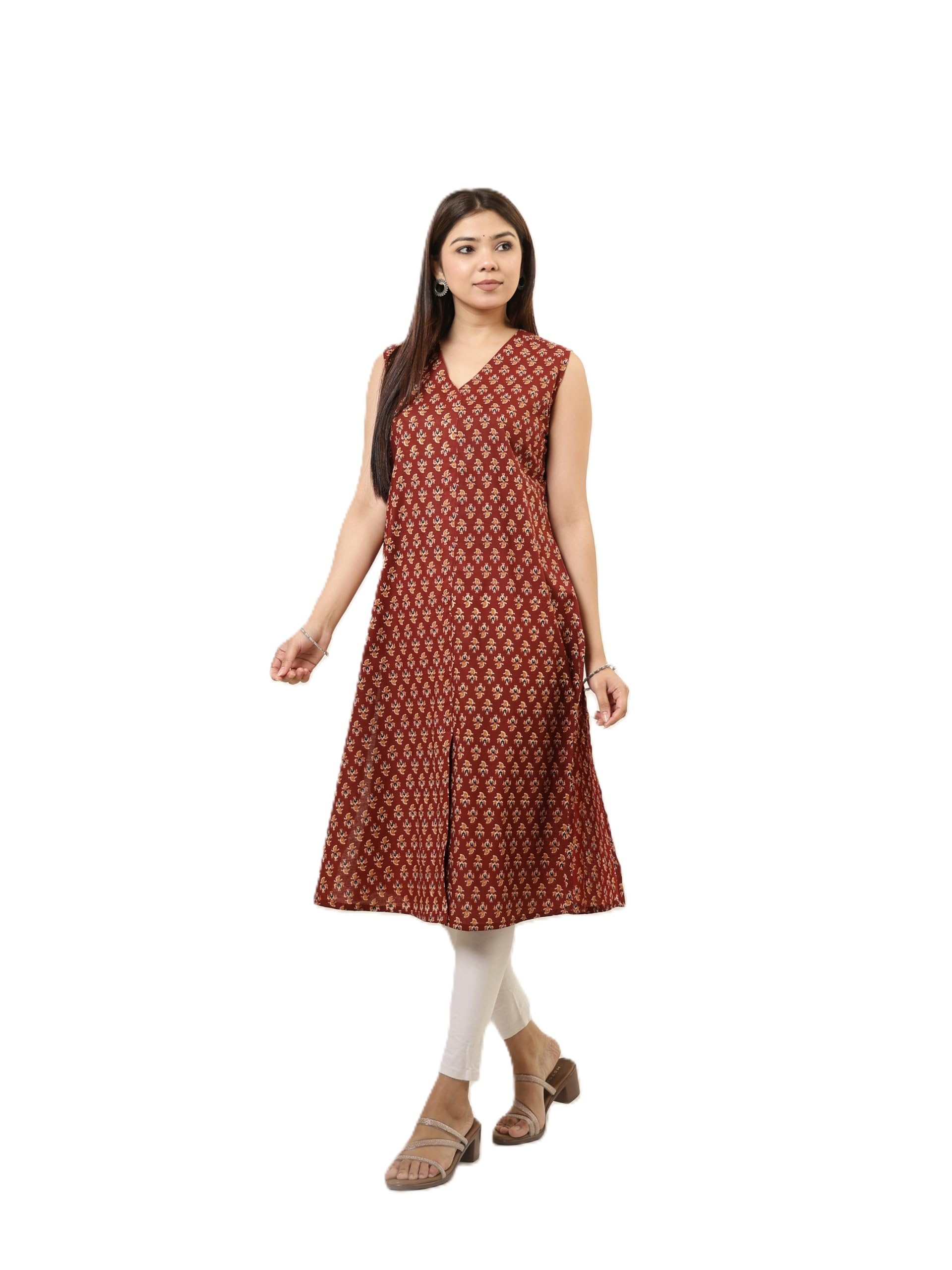 Cotton Kurti for Women | Printed Knee-Length Kurta with V-Neck, Sleeveless Style, Front Slit Cut & Comfortable Straight Fit | Ideal for Daily, Casual & Office Wear | Maroon-image-44