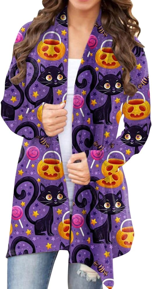 Womens Halloween Cardigan Pumpkin Cat 