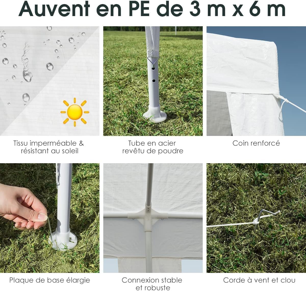 RELAX4LIFE Tonnelle de Jardin Extérieur 3x6 M en PE Imperméable, Barnum 3x6 avec Cadre en Métal, Tente de Réception,Protection Solaire, Montage Facile pour Mariage Marché