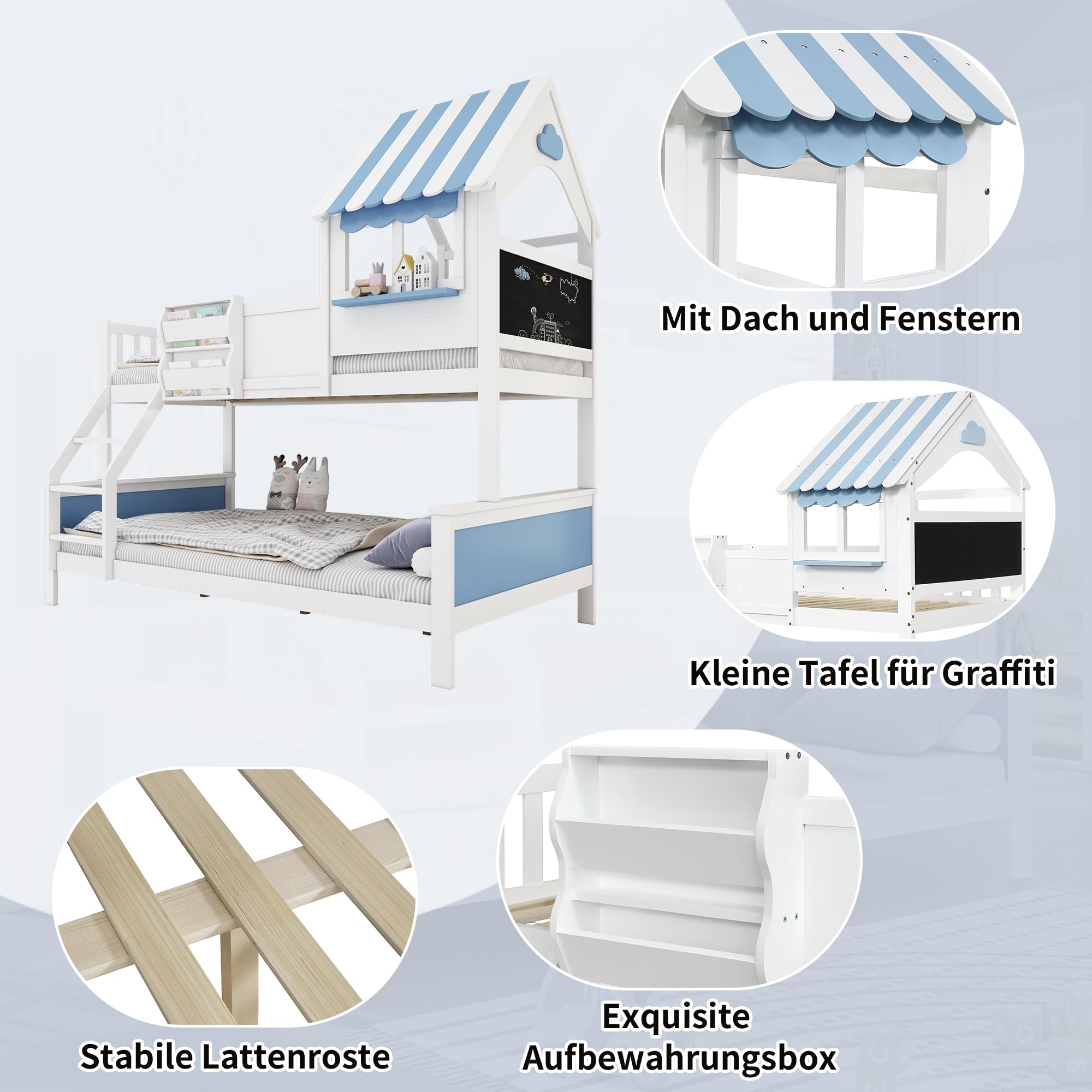 Litera Infantil con Cajón de Almacenamiento | Escalera Inclinada 3 Peldaños + Diseño Ventana Única | Tablero Grafiti Lateral | Estructura Pino+MDF | Blanco/Azul | 90x200cm y 120x200cm