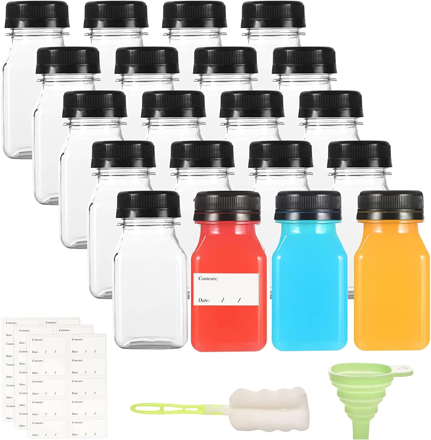 Yoosso 20 Pack 4oz/120ml Plastic Juice Bottles with Pouring Funnel and Brush, Reusable Shot Bottles with Lids for Storing Juices, Water and Other Homemade Beverages, Black Lids