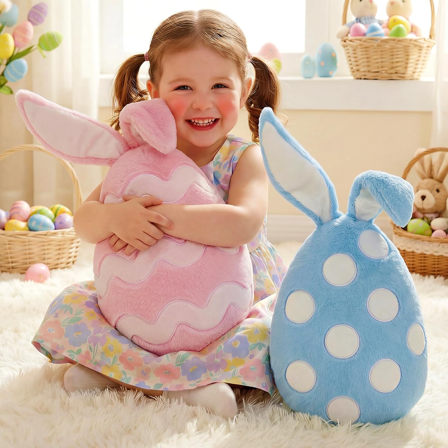 Easter Bunny Throw Pillows 2pcs:Ultra Soft Velvet Easter Pillows with Bunny Ears, Cute Rabbit Eggs Shaped Cushions Easter Throw Pillows, Spring Decorations for Home, Bedroom, Living Room, Sofa Couch